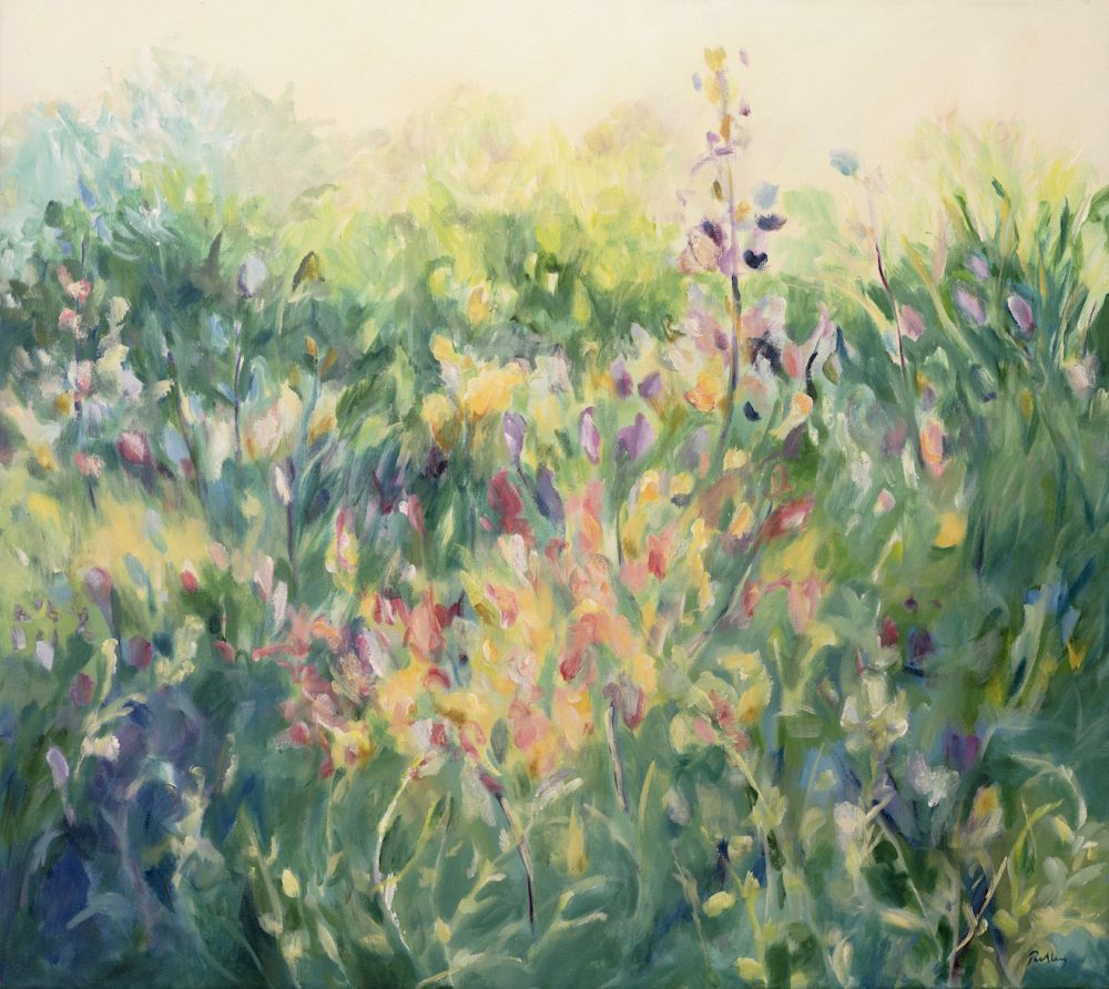 Flowers & Sunshine - Robyn Pedley, Acrylic on canvas 85x95cm. Bobbie P Gallery