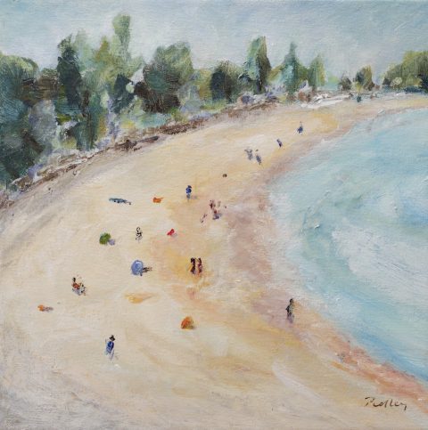 Beach Day - Robyn Pedley. 35x35cm, Acrylic on canvas. Framed in white. Bobbie P Gallery