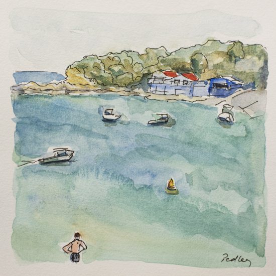 Summer Fun, Boat View - Robyn Pedley. 14x14cm, Ink on fine art paper. Framed in white. Bobbie P Gallery
