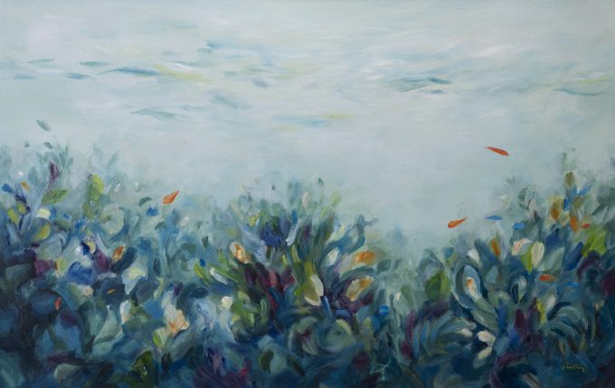 Tidal Garden - Robyn Pedley. 70x110cm, Acrylic on canvas. Framed in white. Bobbie P Gallery