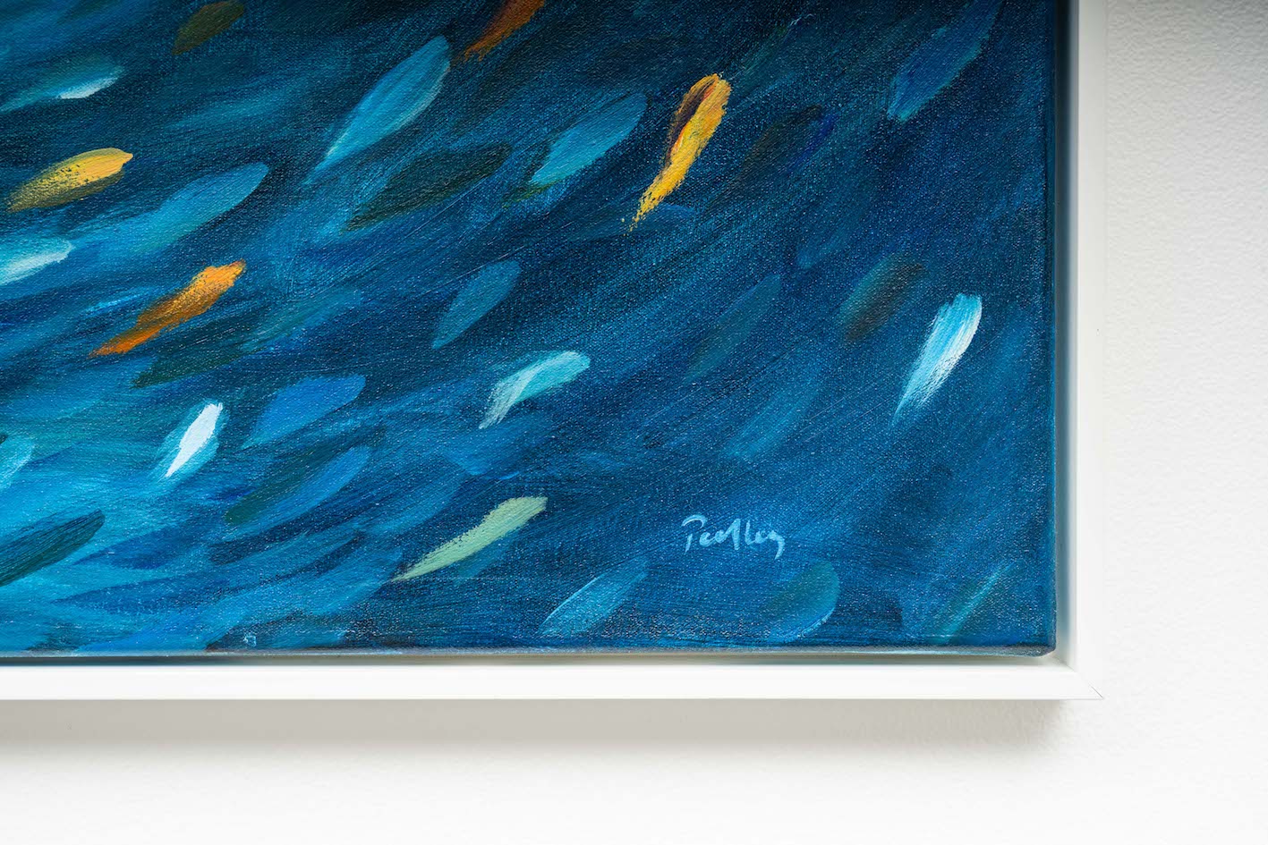 Unison Shimmer II - Robyn Pedley Ocean Landscape, Acrylic on canvas, 70 x 110cm, White frame. Bobbie P Gallery